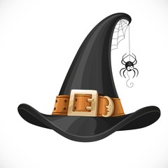 Naklejka premium Witch hat leather belt with shiny buckle and spider on web isola