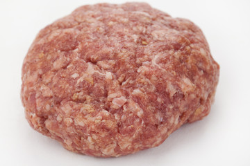 Raw beef burgers against white