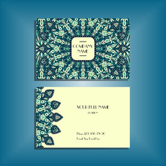 Oriental business card mockup with green round mandala pattern and ornament, floral card design layout template. Size 85mm x 65mm. Front and back sides. Editable and movable objects. EPS 10.