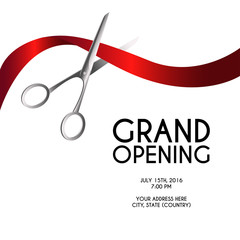 Grand opening poster mock-up with silver scissors cutting red ribbon isolated on white background, design announcement template. Editable and movable objects. EPS 10. - obrazy, fototapety, plakaty