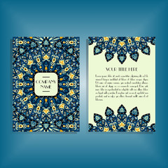 FFlyer with round blue and orange mandala pattern and ornament. Oriental flyer mockup, floral card design layout template. Size A5. Front and back sides. Editable and movable objects. EPS 10.