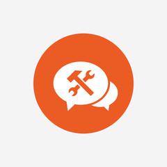 Speech bubble repair tool icon. Service symbol.