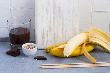 Ingredients for Banana Pops - bananas, dark chocolate, sweet spr