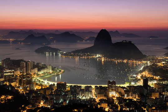 Rio de Janeiro just before Sunrise, City Lights, and Sugarloaf Mountain