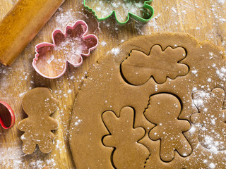 close-up shot of cookie cutter and gingerbread cookies dough.