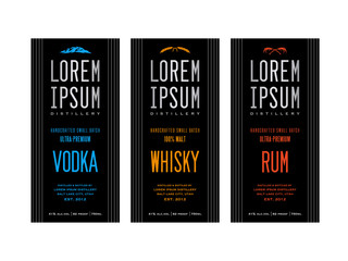liquor bottle label designs for vodka, whisky whiskey and rum