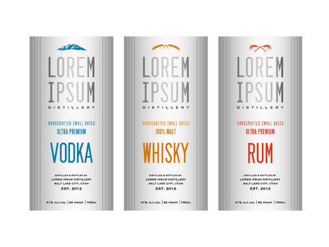 liquor bottle label designs for vodka, whisky whiskey and rum