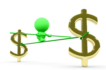 tightrope walking green human person on a wire between huge golden dollar signs