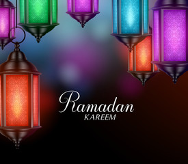 Hanging Lanterns or Fanous in a Dark Glowing Background with Ramadan Kareem Greetings. 3D Realistic Vector Illustration
