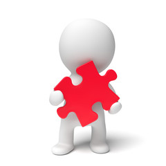 human white 3d person holding a red puzzle piece (3D illustration isolated on a white background)