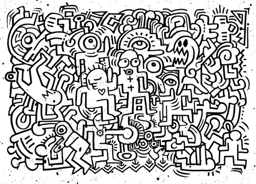 Dancing party pattern with doodled youngsters having fun