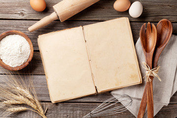 Vintage recipe book, utensils and ingredients