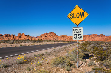 Traffic Sign Slow, Valley of Fire State Park, Southern Nevada, USA