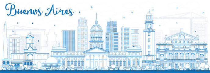 Outline Buenos Aires Skyline with Blue Landmarks.