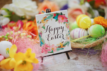 Blank greeting among the Easter eggs Joyful colorful spring background - 109838391