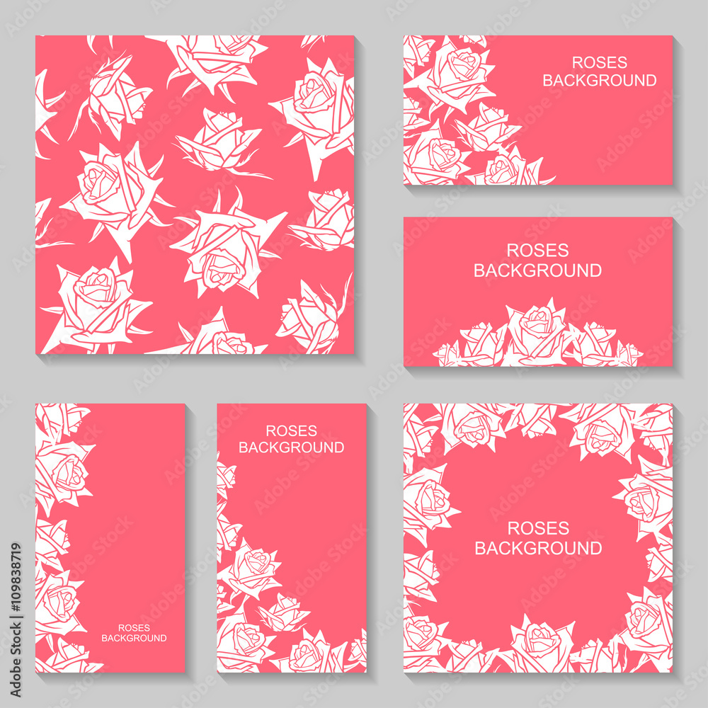 Sticker Roses flowers pink background set