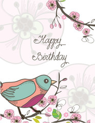 spring vector background with beautiful pattern of branches with leaves and birds on a white background and the words happy birthday