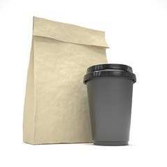 Coffee to go and lunch bag, on white. 3d rendering.