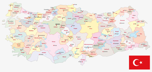 administrative vector map of the Turkish republic with flag