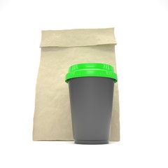 Coffee to go and lunch bag, on white. 3d rendering.