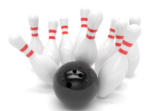 Bowling ball and skittles isolated. 3d rendering.