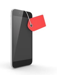 Smart phone with red price tag on white background. Identification, price, label. 3D rendering.