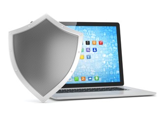 Laptop and shield on white, computer security concept. 3d rendering.