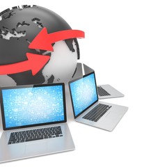 Laptop network around earth globe. 3d rendering.