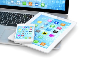 Laptop, phone and tablet pc. 3d rendering.