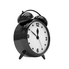 Black alarm clock on white. 3d rendering.