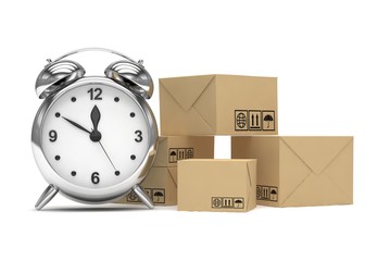 Package and alarm clock, delivery concept. 3d rendering.