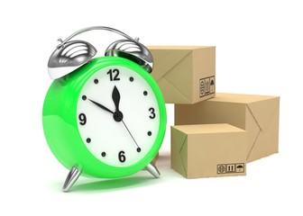 Package and alarm clock, delivery concept. 3d rendering.