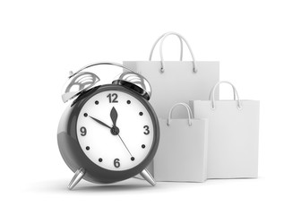 alarm clock and shopping bag (time to buy concept). 3d rendering.