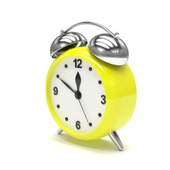 Yellow alarm clock on white. 3d rendering.