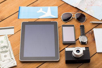 close up of smartphone and travel stuff