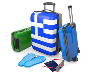 Travel luggage items and accessories for a vacation to or from Greece, 3D rendering
