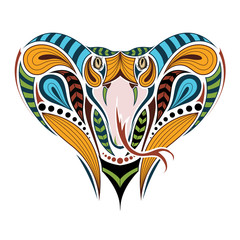 Patterned colored head of the King Cobra. African, indian tattoo design. It may be used for design of a t-shirt, bag, postcard and poster.