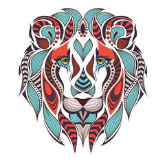 Patterned colored head of the lion. African / indian / totem / tattoo design. It may be used for design of a t-shirt, bag, postcard and poster.