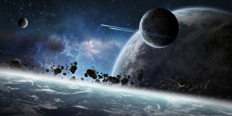 Sunrise over group of planets in space © sdecoret