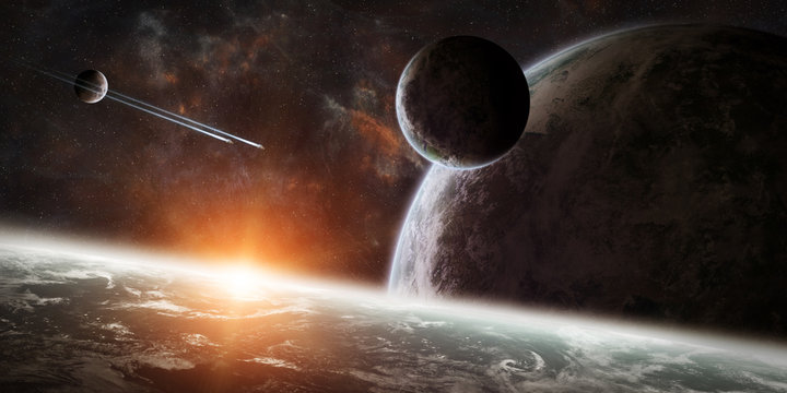 Fototapeta Sunrise over group of planets in space