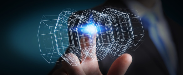 Businessman holding digital 3D engine