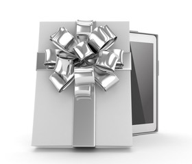 Tablet in white gift box with silver bow and ribbons on white. 3D rendering.