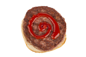 burger bun with patty and ketchup