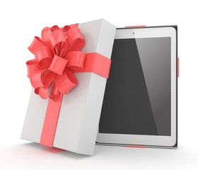 Tablet in white gift box with red bow and ribbons on white. 3D rendering.