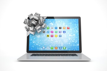 Tied laptop with silver bow on white background. Modern present or gift for birthday, holiday, christmas. 3D rendering.