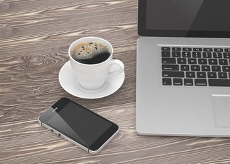 Laptop smartphone and coffee cup on wood table. 3d rendering.