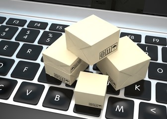 Technology business concept, shipping: cardboard package boxes on laptop. 3d rendering.