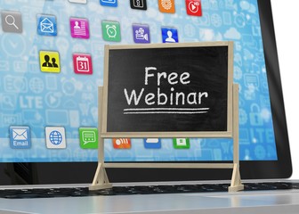 Laptop with chalkboard, free webinar, online education concept. 3d rendering.