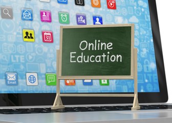  Laptop with chalkboard, online education concept. 3d rendering.