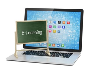  Laptop with chalkboard, e-learning, online education concept. 3d rendering.